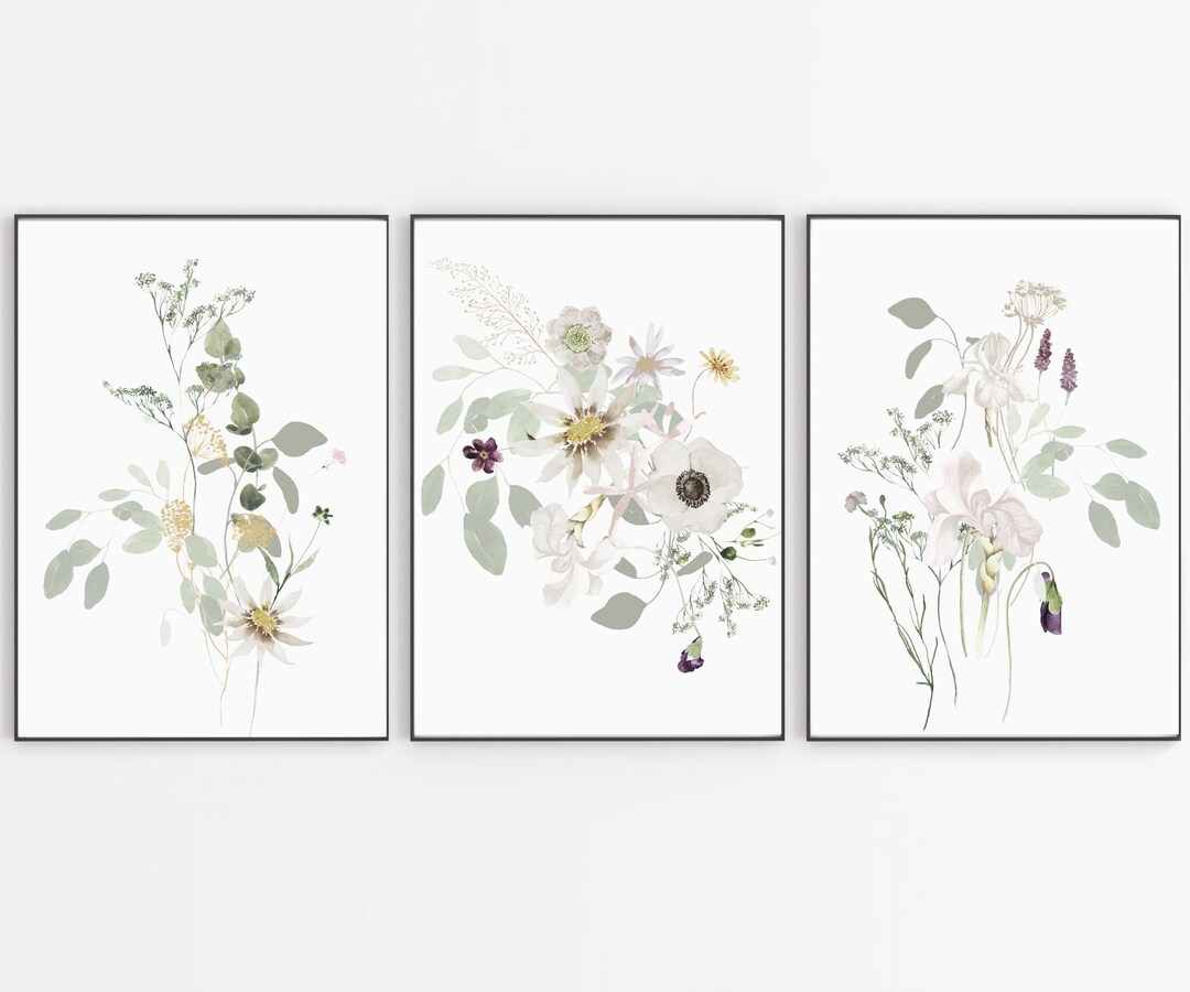 Set of 3 Wildflower Prints - Floral Instant Art - Printable Art - Line ...