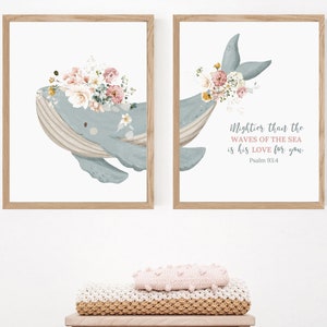 Bible Verse Nursery Print - Ocean Nursery Prints - Sea Animal Nursery Print - Psalm 93:4 - Whale Art Print - Baptism Nursery Art Print -Girl
