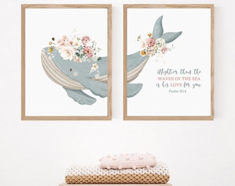 Bible Verse Nursery Print - Ocean Nursery Prints - Sea Animal Nursery Print - Psalm 93:4 - Whale Art Print - Baptism Nursery Art Print -Girl