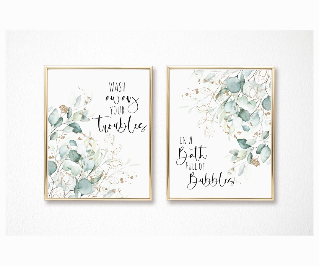 Set of 2 Greenery Bathroom Prints - Green Gold Bathroom Decor - Botanical Bathroom Print ...