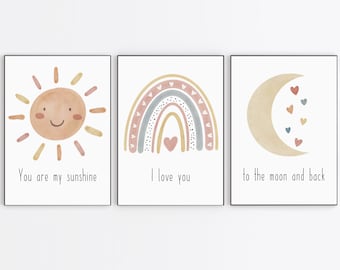 Nursery Wall Art Printable Set – You Are My Sunshine, Rainbow, Moon Quote Prints, Gender Neutral Baby Room Decor, Digital Download