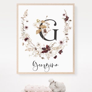 Impresión inicial personalizada de flores silvestres, decoración de la guardería, regalo de bebé nuevo, niña, impresiones de la guardería, estadísticas de nacimiento, arte de la pared de la guardería, impresión personalizada