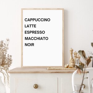 Gráfico de café, arte de parede de cozinha, pôster de café, impressão digital, arte de parede imprimível, decoração de cozinha, decoração de sala de jantar, menu de café