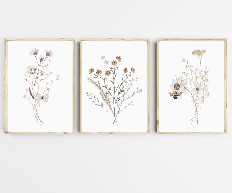 Set of 3 Wildflower Prints - Floral Instant Art - Printable Art - Line art - Floral Wall Art - Botanical Print - INSTANT DOWNLOAD - Flower 