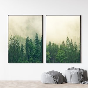 Arte de la pared de la naturaleza de la impresión del bosque. Conjunto de carteles de otoño de niebla. Pino gris verde 2 piezas fotografía imprimible