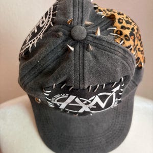 Custom Crust Punk Stitched Studded Hat Cap | Distressed Upcycled Baseball Hat | Gothic | Rockabilly Leopard Print Cap