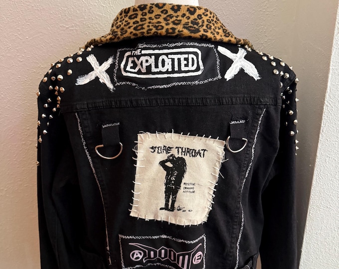 Featured listing image: DIY Studded Crust Punk Jacket | Leopard Collar Moto Jacket | Streetwear