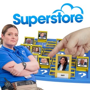 May include: A blue and yellow game board with a picture of Amy from the TV show Superstore. The game is a "Who Am I?" style game with pictures of different characters from the show.