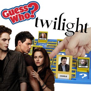May include: A blue and yellow Guess Who? game board featuring characters from the Twilight film series. The characters include Bella, Edward, Jacob, Charlie, Jasper, and Victoria.