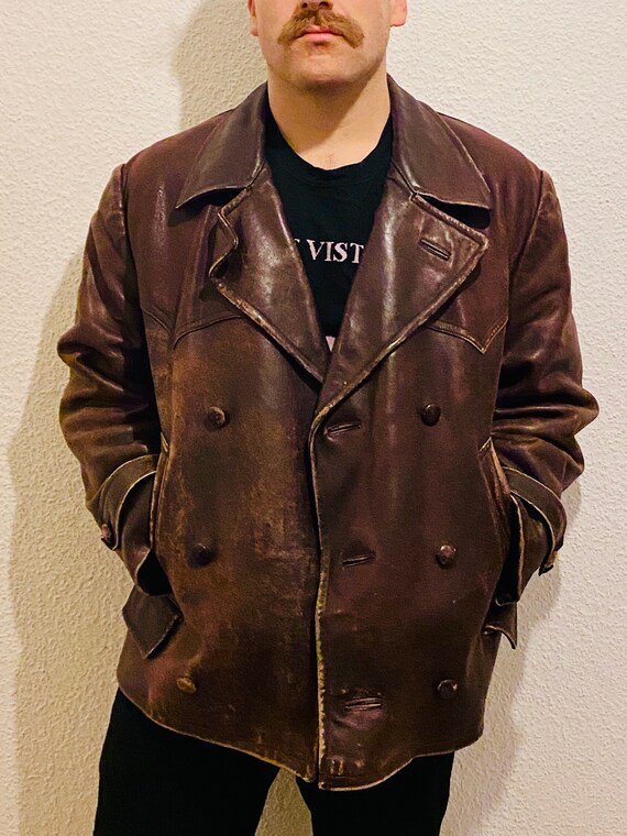 Vintage 1970s chocolate brown leather pea coat, do
