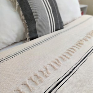 Black Striped Handwoven Cotton Turkish Fall Winter Blanket-Natural Cream coverlet-Bed cover-Sofa or couch cover-Boho -chrismas gift