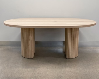 AURA- Solid Wood Pill Shaped Dining Table With Fluted/Tambour Half Moon Pedestal Bases (Made to Order)