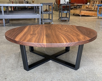 SIRIUS Solid Walnut Round Coffee Table W Black Steel Base made to