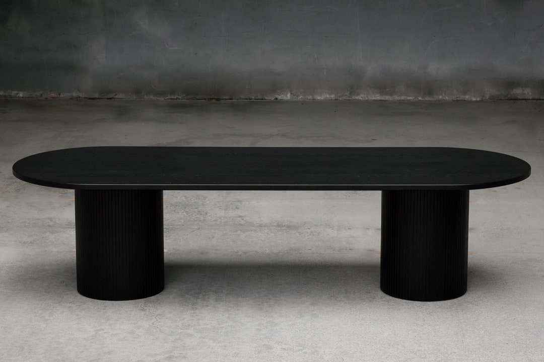 UMBRA Solid Wood Black Pill Shaped Dining Table With 2 Fluted Pedestal