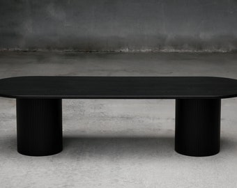 UMBRA- Solid Wood Black Pill Shaped Dining Table With 2 Fluted Pedestal Bases