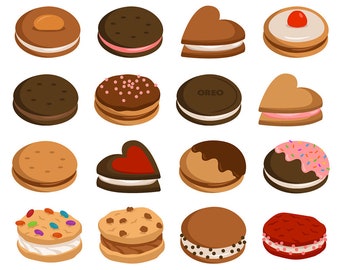 Cookie Clipart Set: Digital Chocolate Chip & Sandwich Biscuits (PNG, JPG)