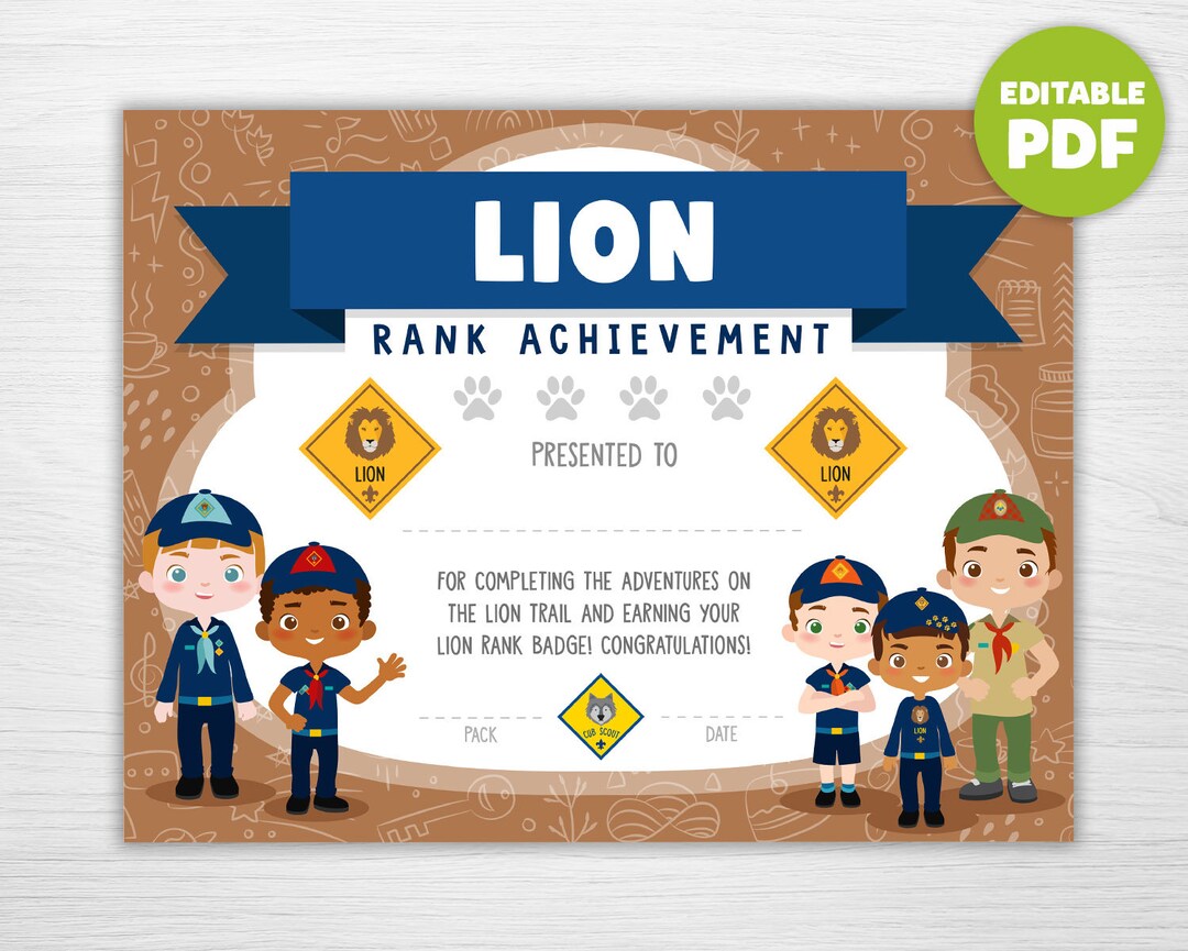 Rank Advancement Certificate Scout Boy's Lion Rank Achievement Award ...