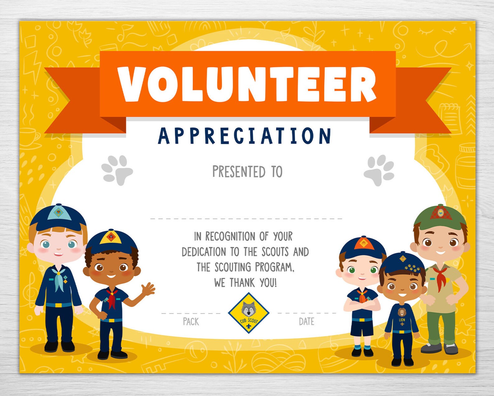 Cub Scout Boys Volunteer Appreciation Award Editable Scout Etsy