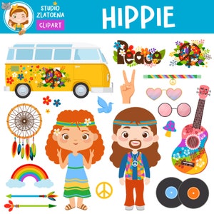 Retro Hippie Clipart: 70s Flower Power Graphics (Digital Clip Art)
