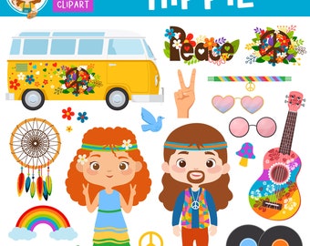 Retro Hippie Clipart: 70s Flower Power Graphics (Digital Clip Art)