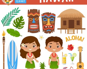 Tropical Hawaii Clipart: Luau, Tiki, Surf, Ukulele (PNG, JPG)