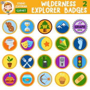 Odznaki Wilderness Explorer Clipart: Grafika drużyny harcerskiej na kempingu (do druku PNG JPG)