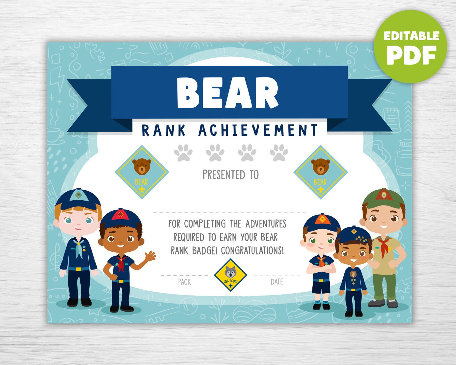 Cub Scout Rank Bear Rank Achievement Award Boys Editable - Etsy