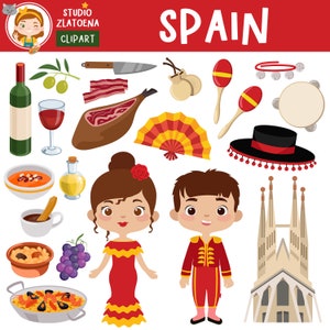Spanje clip art Spaanse clipart Fiesta clipart Jamon Paela Flamenco Matador Barcelon graphics Reizen clipart Europa clipart Wijn Voedsel clipart