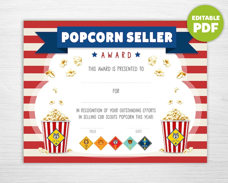 Cub Scout Popcorn Seller Award Editable Scout Certificate Etsy