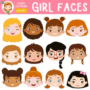 Cute Girl Faces clipart Kids Faces Digital Clipart Cute Kids Clip Art Crianças Cabeça Ilustração Menina Cabeça Digital Clip art Menina Clip Art