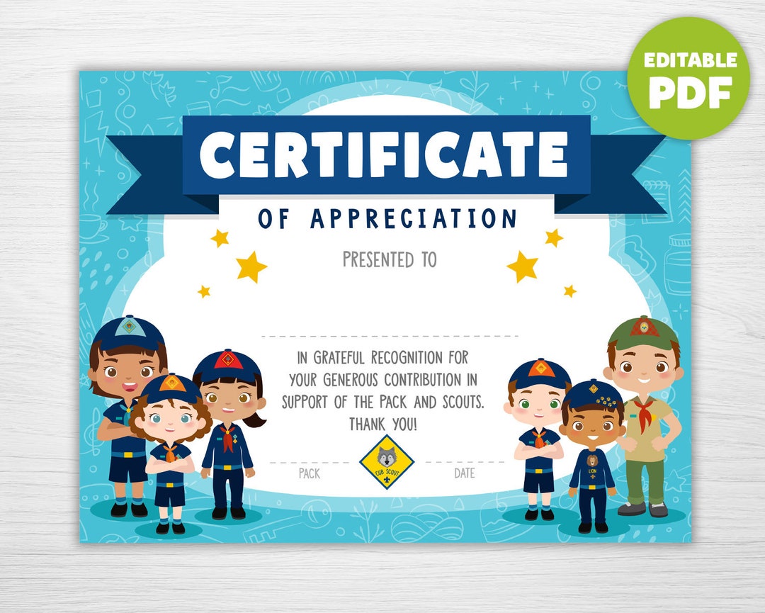 Scout Certificate of Appreciation Certificate Boys &amp; Girls Editable ...