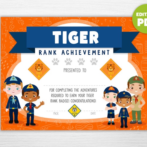 Cub Scout Rank Tiger Rank Achievement Award Boys Editable Etsy