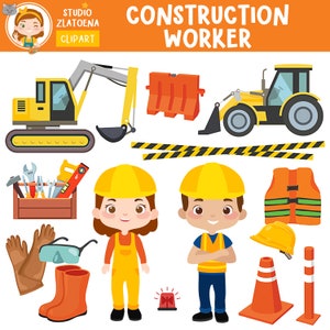Bouw illustraties Bouwvoertuig clipart Trekker Kraan kegel Bulldozer Gereedschap Vrachtwagen Clipart Beroepen clipart Werknemer clipart