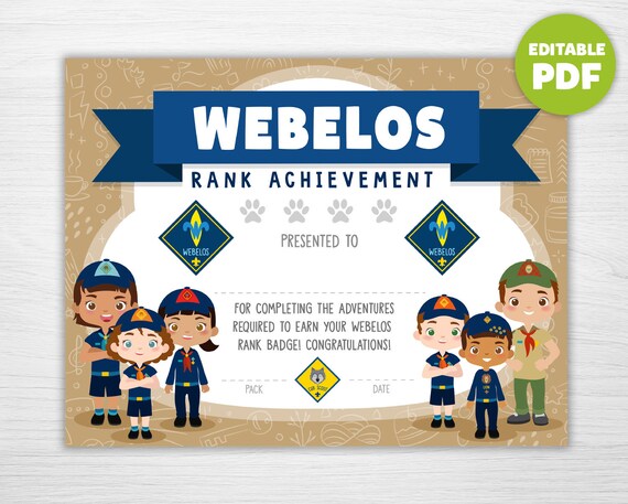 Rank Advancement Certificate Cub Scout Boys &amp; Girls Webelos | Etsy