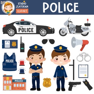 May include: A set of illustrations featuring police officers, a police car, a motorcycle, a police station, handcuffs, a megaphone, a walkie-talkie, a police badge, a police vest, a gun, a taser, and a clipboard. The text "POLICE" is featured in the image.
