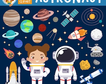 Astronaut Clipart Set: Space Graphics, Planets, Rocket Ship (Digital Download)