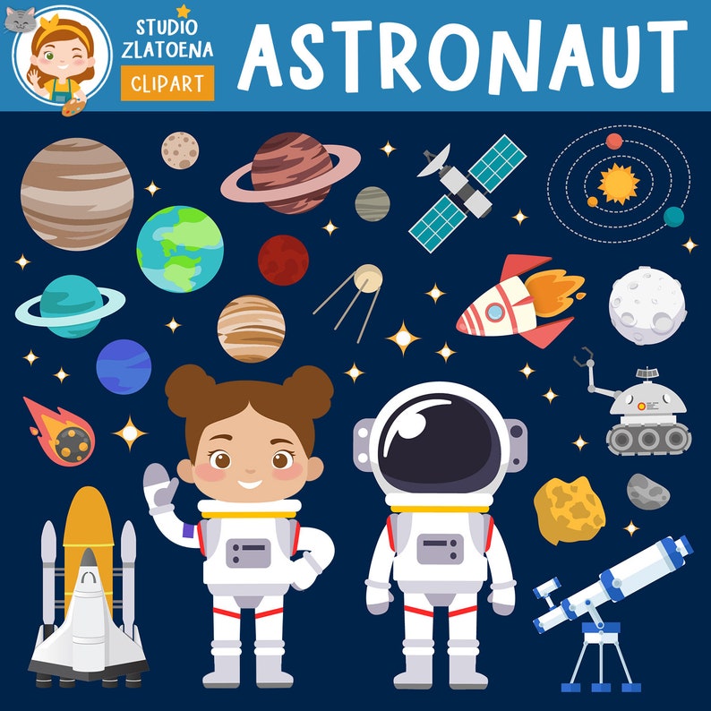 Astronaut Clipart Set: Rymdgrafik, Planeter, Raketskepp (Digital Nedladdning) bild 1