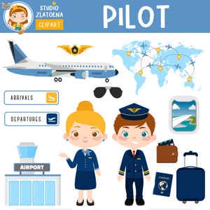 Pilot Clipart Airport Clip Art Airplane Digital Graphics Stewardess clipart graphics Aircraft Travel Flying Professions clipart