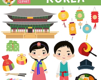 Korean Culture Clipart: Hanbok, Chuseok, Bibimbap (Digital Clip Art)