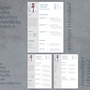 May include: A three-page resume template with a grey background and blue accents. The template includes sections for personal information, skills, experience, and education. The text "Alle Seiten sind ohne Schreibschutz und vollst&auml;ndig ver&auml;nderbar" is at the top of the page.