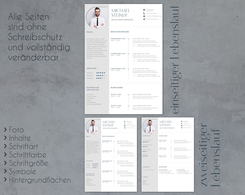 May include: A three-page resume template with a grey background and blue accents. The template includes sections for personal information, skills, experience, and education. The text "Alle Seiten sind ohne Schreibschutz und vollst&auml;ndig ver&auml;nderbar" is at the top of the page.