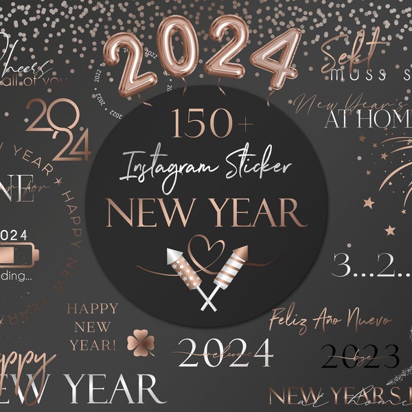 Plus de 150 autocollants Instagram du Nouvel An 2024 | Or rose | Réveillon du Nouvel An | Autocollants d’histoire Instagram | Réveillon du Nouvel An | or argent | Cliparts | décoration