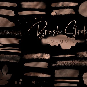 Könnte beinhalten: Ein Satz roségoldener Pinselstriche, einschließlich Linien, Punkte und Formen. Der Text "Brush Strokes rosegold" befindet sich in der Mitte des Bildes.