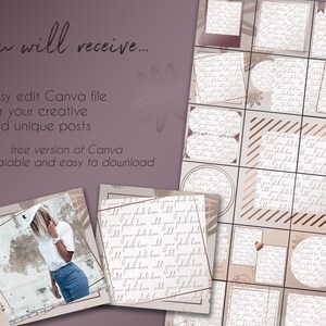 May include: A set of 12 Instagram post templates with a neutral color palette of beige, brown, and white. The templates feature a variety of frames, borders, and patterns, including handwritten script, stripes, and floral elements. The templates are designed to be used with photos and text.