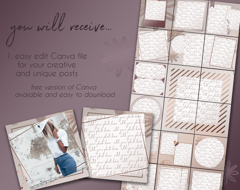 May include: A set of 12 Instagram post templates with a neutral color palette of beige, brown, and white. The templates feature a variety of frames, borders, and patterns, including handwritten script, stripes, and floral elements. The templates are designed to be used with photos and text.