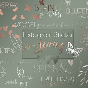 Puede incluir: Un conjunto de pegatinas digitales con ilustraciones y texto de temática primaveral en inglés y alemán. Las pegatinas incluyen mariposas, flores, corazones y texto como "Spring Vibes", "Blüten Duft", "Vogelgezwitscher", "Flower Power", "Instagram Sticker", "Spring", "First Sunshine", "Love", "Bee Happy" y "Frühlingsgefühle".