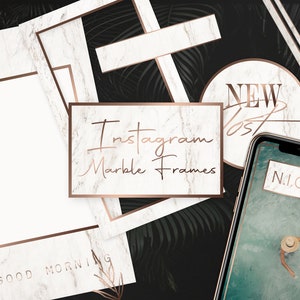 May include: Set of four white marble Instagram story frames with rose gold borders. The frames are in different shapes and sizes. The text "Instagram Marble Frames" is written in rose gold on one of the frames.