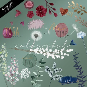 Könnte beinhalten: Aquarell-Blumenillustrationen mit Textüberlagerungen. Der Text beinhaltet "Yoga Time", "Me Time", "Colorful", "New Post", "Hello Weekend" und "Flower Love".