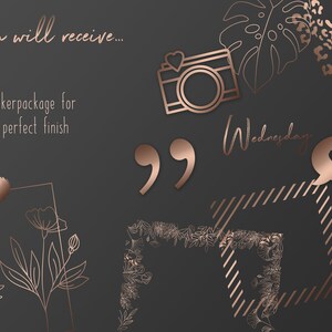 Puede incluir: Una ilustraci&oacute;n digital de un paquete de pegatinas de oro rosa con una cita, una c&aacute;mara, un coraz&oacute;n, un marco floral y la palabra "Mi&eacute;rcoles".