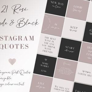 以下が含まれることがあります： バラ、ヌード、ブラックの色の21枚のInstagram引用カードのセット。カードには、人生、友情、ワインについての引用が書かれています。カードのテキストはカスタマイズ可能で、色やテキストを変更できます。